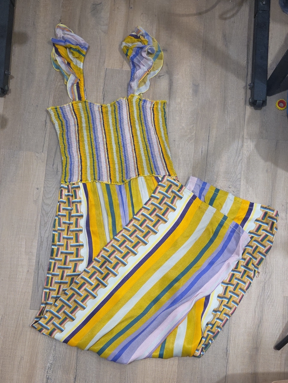 NWT Conditions Apply (Anthropologie) Striped Smocked Jumpsuit in Yellow & Pastel